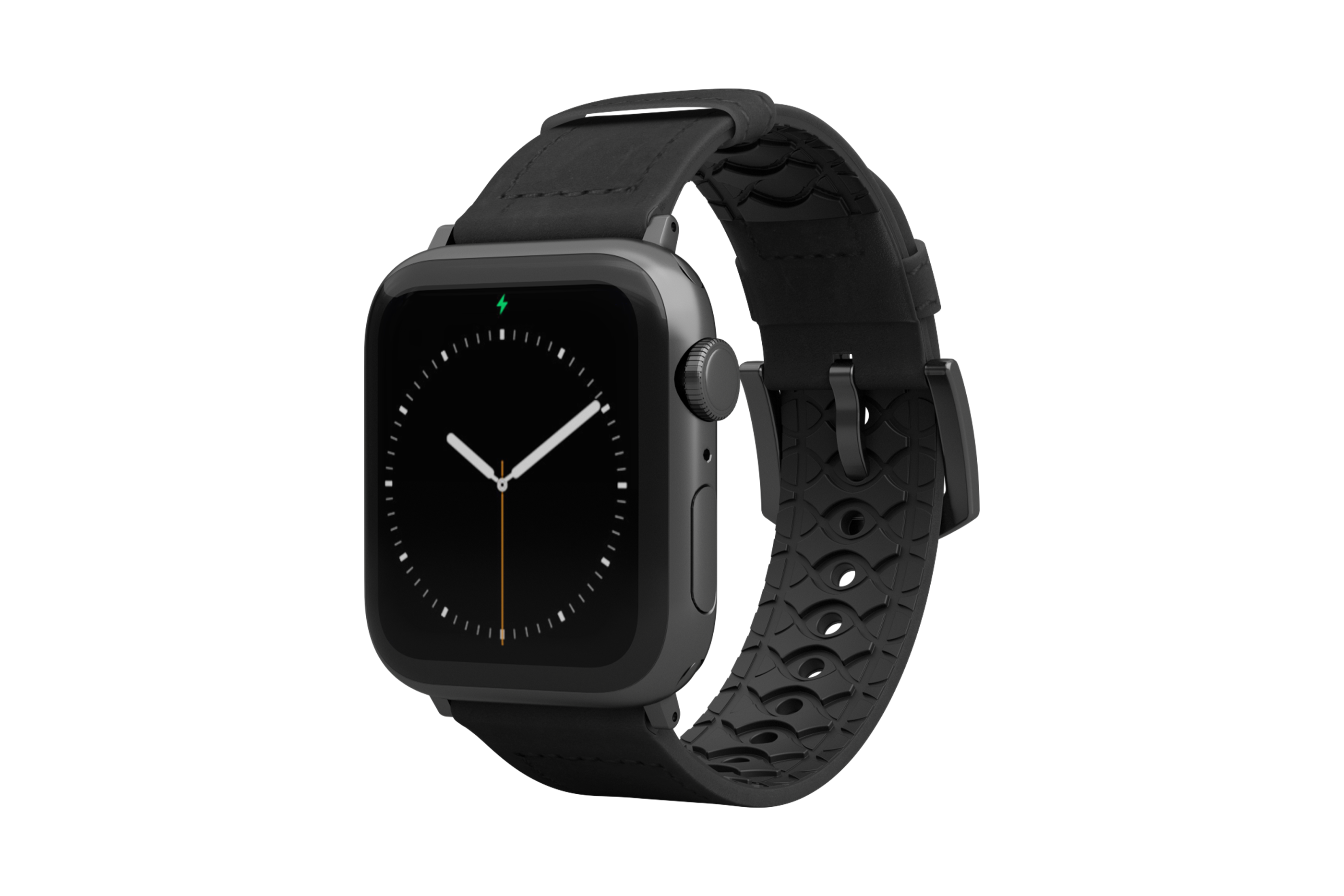 Vulcan Obsidian Black Leather Apple Watch Band with gray hardware viewed front on