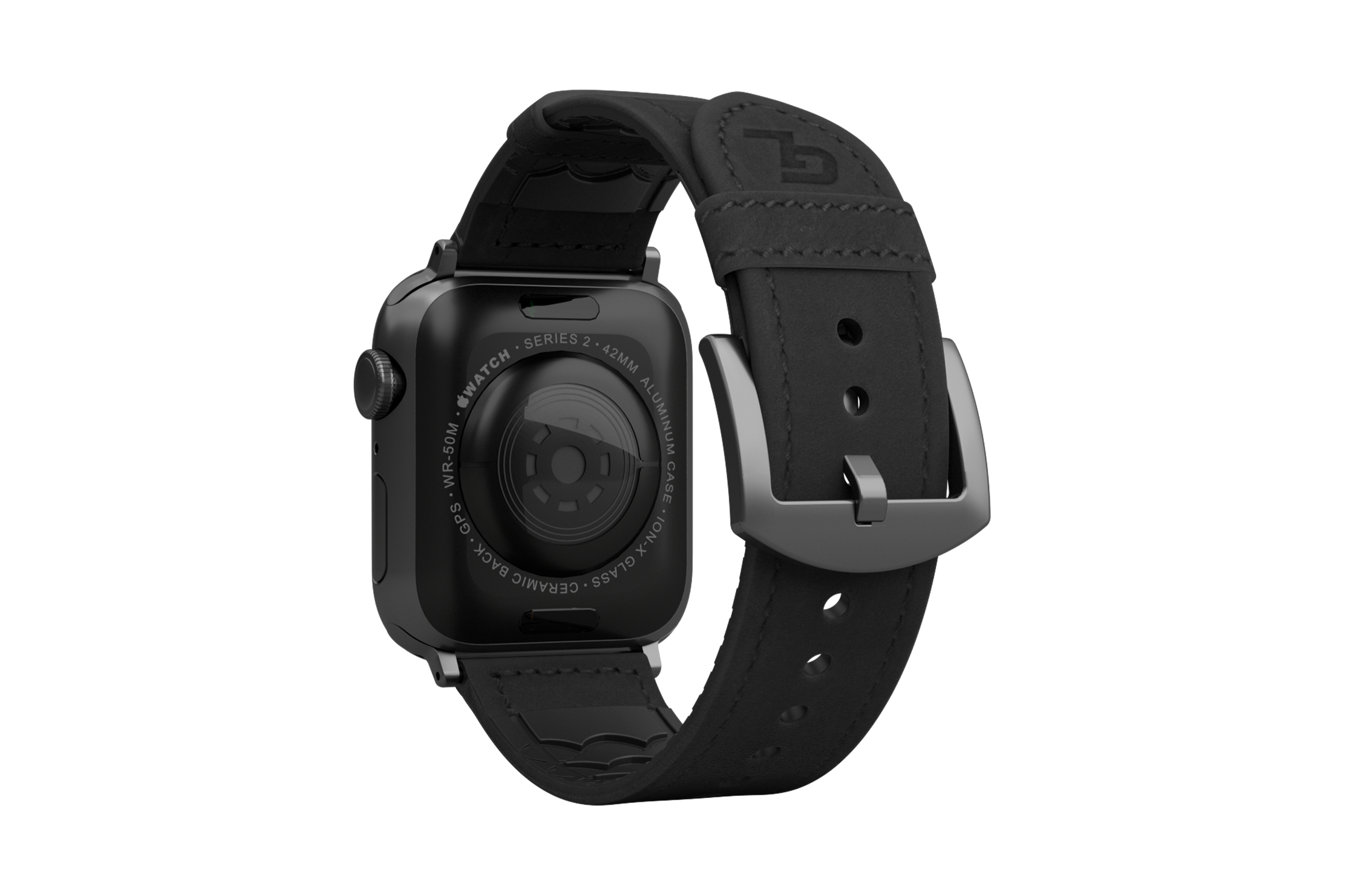 Vulcan Obsidian Black Leather apple watch band with gray hardware viewed from top down