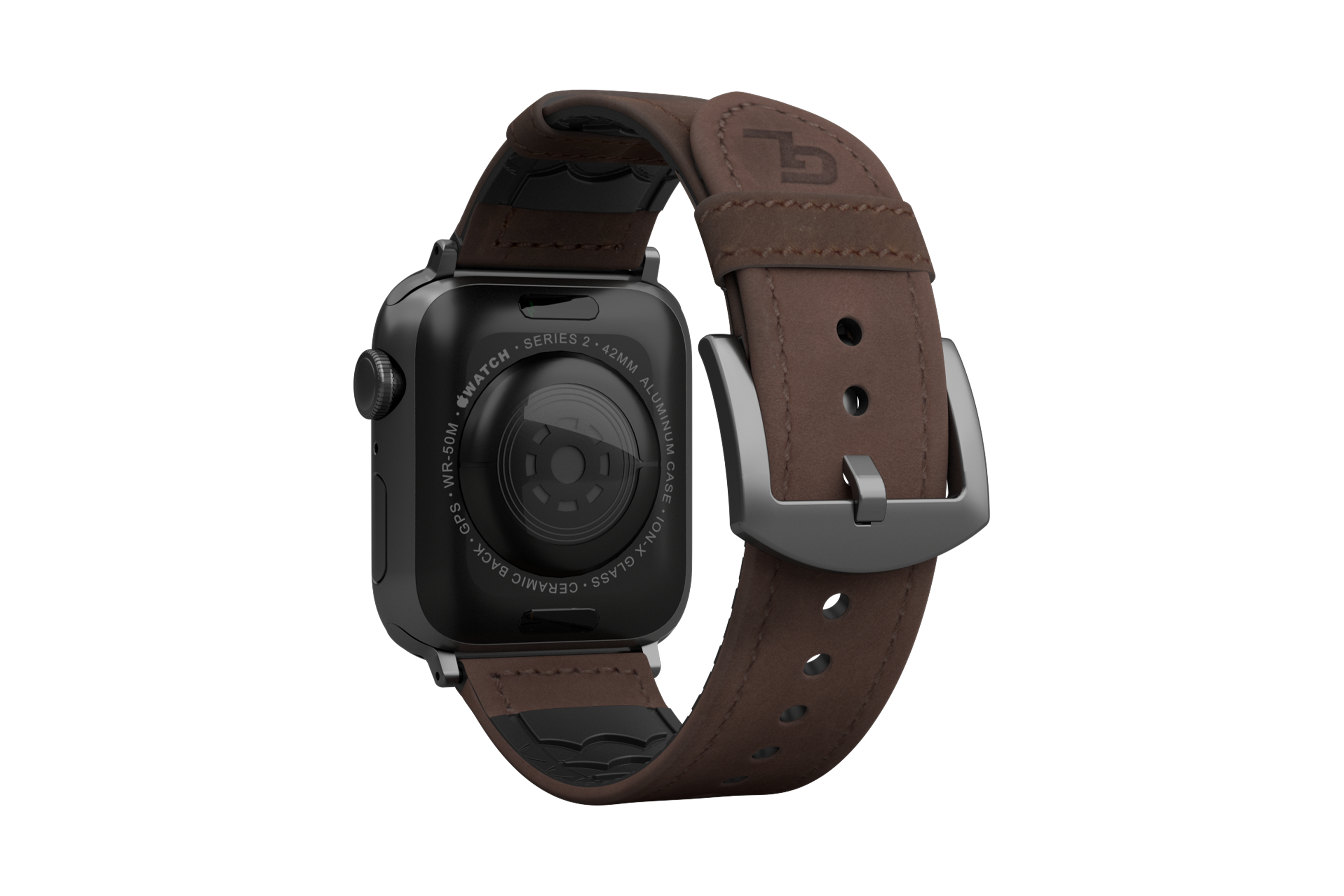 Vulcan Ascent Leather apple watch band with gray hardware viewed from top down 
